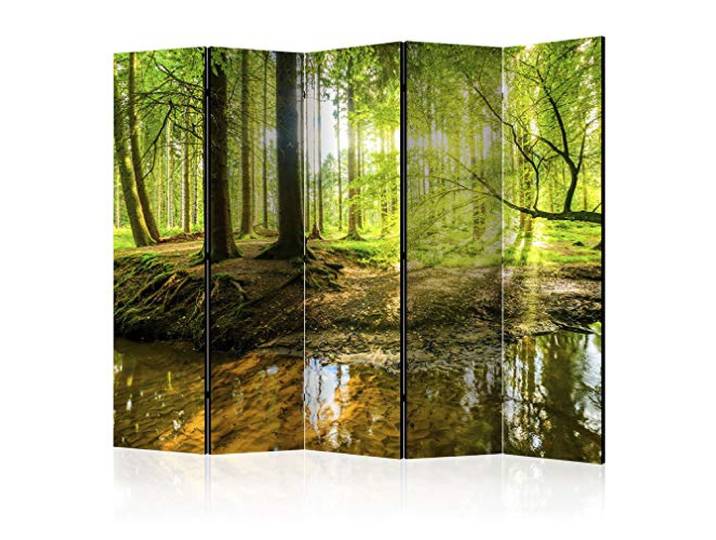 decomonkey Paravent Raumteiler Innen Wald, 225x172 cm, 5-teilig, Beidseitig Baum, Sonne, Wohnzimmer, Room Divider, Wall, Raumteiler Stehend, Trennwand, Sichtschutz, Spanische Wand, Sichtschutzwand