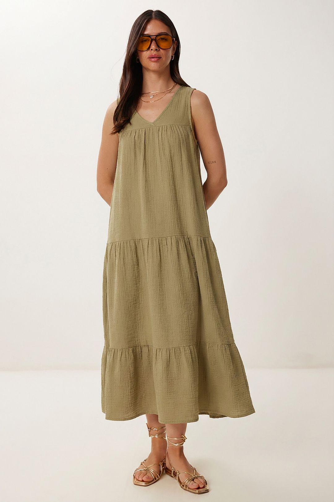 Rüschen V-Ausschnitt Midi-Kleid