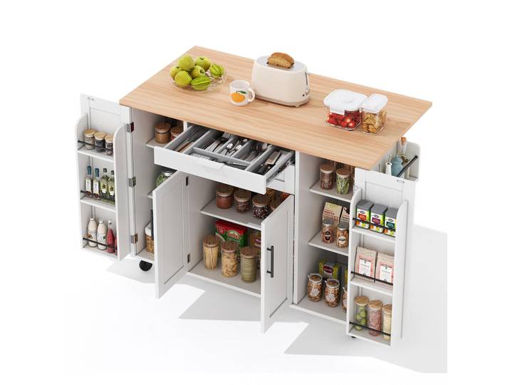 Gisaae Kücheninsel mobile ausziehbare, verdeckte Besteckschublade 136*45*92cm, Weiß, Holz, Mode, Küche mit Insel,Rechteckig, 70x92x136 cm, Küchen, Küchenmöbel, Kücheninseln