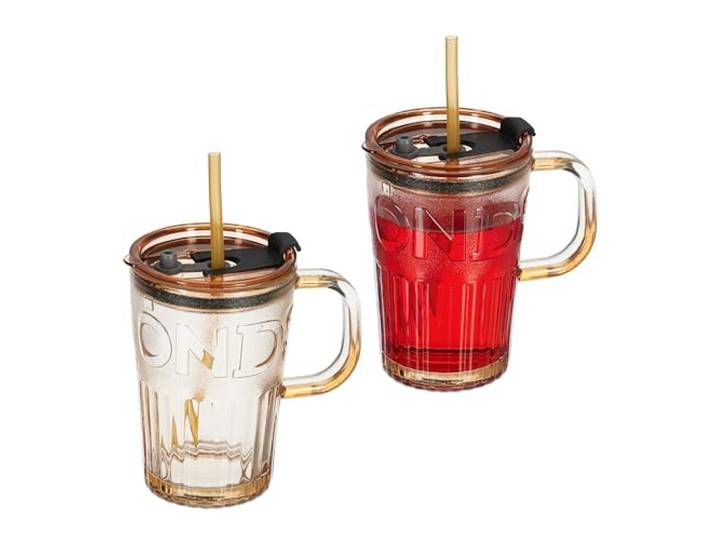 Relaxdays Jarre avec paille\, couvercle et anse\, lot pratique de 2\, volume : 450 ml\, pour votre smoothie\, marron clair