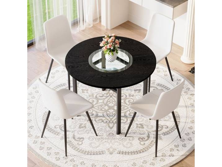 MEUBLIV Table à manger ronde avec 4 chaises blanches 100x100x76 cm métal noir