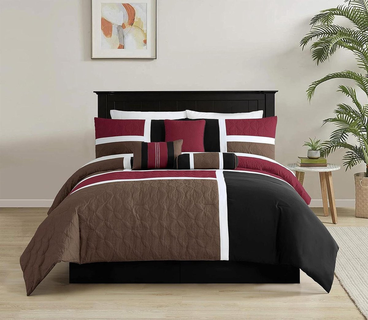 7-delige Kingsize dekbedset met patchwork medaillon ontwerp in bordeaux, zwart en bruin