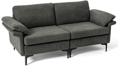Costway Modern Fabric Loveseat Sofa for with Metal Legs and Armrest Pillows-Gray