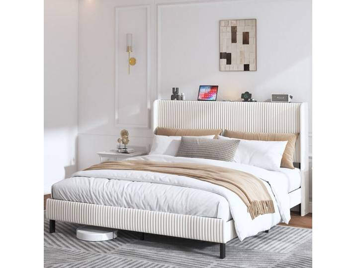 Lit plateforme rembourré en velours côtelé beige et crème avec tête de lit