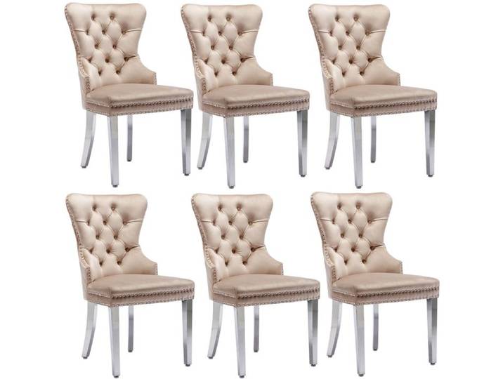 Lot de 6 Chaises de Salle à Manger Velours Beige Capitonnées avec Anneau et Clous Décoratifs Pieds Métal - Norevia