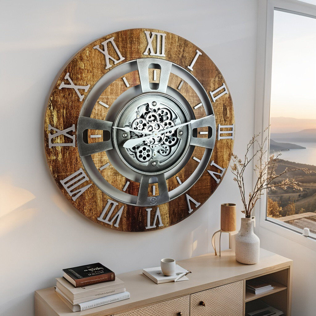 The Gears Clock Solid Wood Wall Clock Vintage Brown Oversize 91.4cm