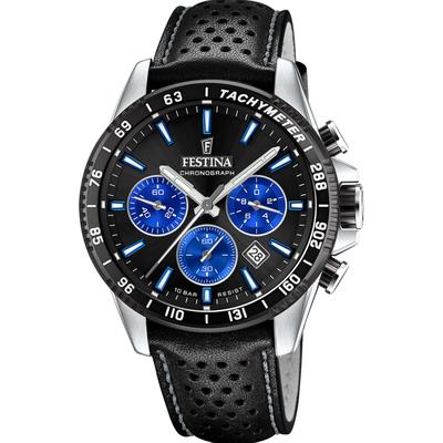 Chronograph FESTINA "Timeless Chronograph", schwarz (schwarz, schwarz, schwarz, blau), Armbanduhren, Herren, silberfarben-schwarz, Chronograph, Armbanduhr, Quarzuhr, Herrenuhr, Stoppfunktion, Lederarmband