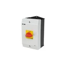 Eaton 227864 EIN-AUS-Schalter, P1, 25 A, Aufbau, 3-polig, NOT-AUS-Funktion, mit rotem Knebel und gelbem Frontschild, Hartspiegelausführung