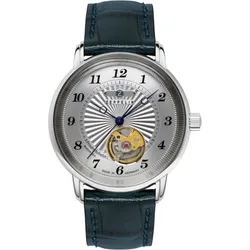 Zeppelin Damenuhr 85671 - Silbernes Ziffernblatt mit zentraler Guillochierung und schwarzen Zahlen/Indices,blaue Naht,dunkelblau - 36mm