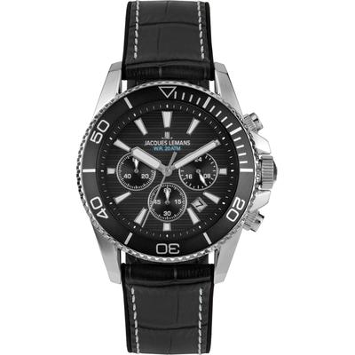 Chronograph JACQUES LEMANS "Liverpool Diver", schwarz (schwarz, schwarz, silberfarben, schwarz), Armbanduhren, Herren, silberfarben, Chronograph, Quarzuhr, Armbanduhr, Herrenuhr, Lederarmband, analog, Tag