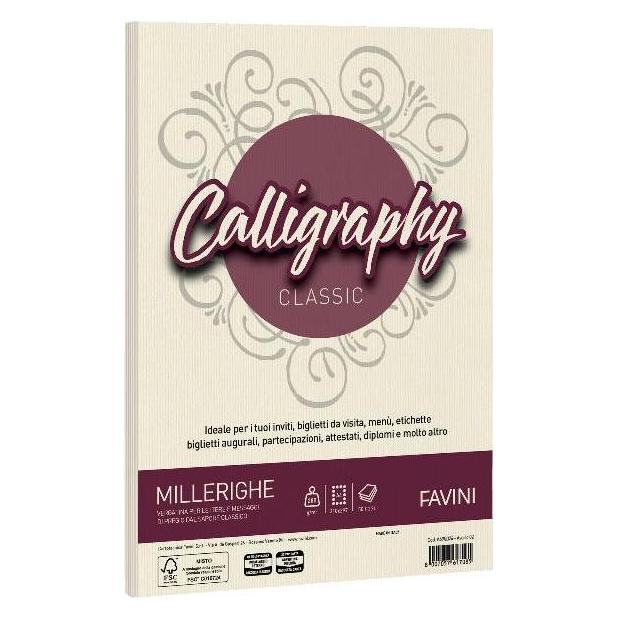 Favini Millerighe Kalligrafie-Tintenstrahlpapier A4 (210x297 mm) 50 Blatt Elfenbein (A4, 50 Blätter, 200 g/m²) (A69Q324)