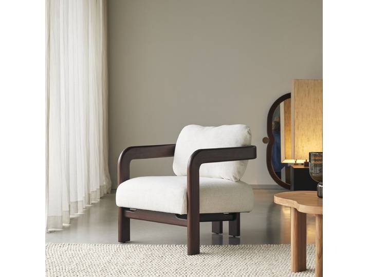 Sessel aus Mindiholz mit naturfarbenem Stoffbezug - Beige - Fabric