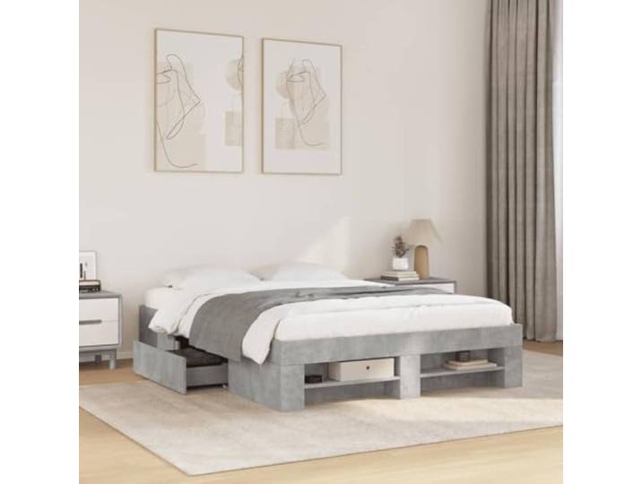 RJPLMFV Bettgestell, Holz, Technik, Betongrau, 140 x 200 cm Ohne Matratze, mit Schubladenaufbewahrung, Lattenrost inklusive, langlebig und stabil