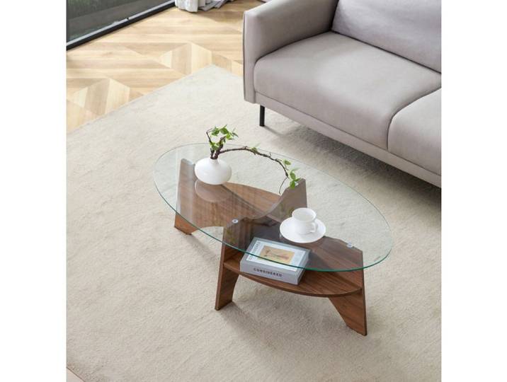 Table basse ovale avec plateau en verre securit et tablette de rangement style nordique MDF decor noyer transparent