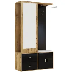 Kleiderschrankset mit Spiegel 100x180x38 Schwarz Holz Schuhschrank, Schuhbank und Stauraum für Eingangsbereich
