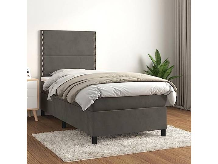 RJPLMFV Komplettes Bett, Velours, 80 x 200 cm, Dunkelgrau Verstellbares Kopfteil, Taschenfederkernmatratze, mittelharte Unterstützung, weicher Matratzenschutz