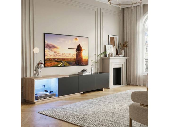 Meuble TV - POCKETPOP - 180 cm - Noir & bois - LED détecteur de mouvement