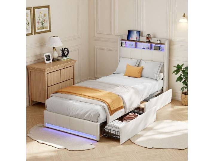Lit enfant 90x200 cm - Lit capitonné - 2 tiroirs - Éclairage LED - Beige