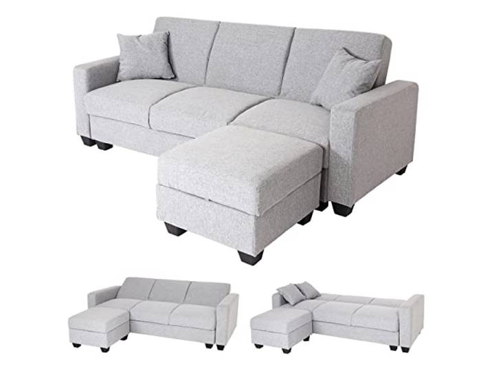 Mendler Sofa HWC-H47 mit Ottomane 217x145cm - Stoff/Textil hellgrau Couch, Gästebett, Schlaffunktion, Stauraum