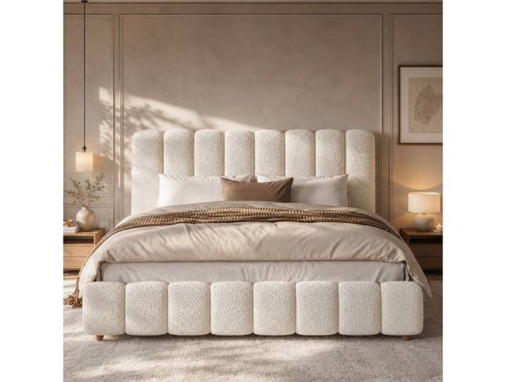 WUVRIE Lit double rembourré 160 x 200 cm en tissu bouclé blanc avec sommier à lattes