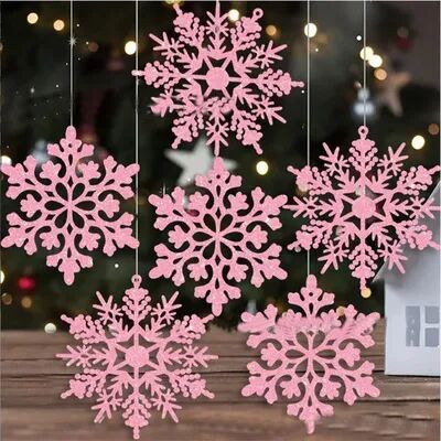 Lush Living Finds Pulp Plastics Paper Snowflake Ornaments, White Glitter Raw Decor, Christmas Venue Decoration pink 12pcs