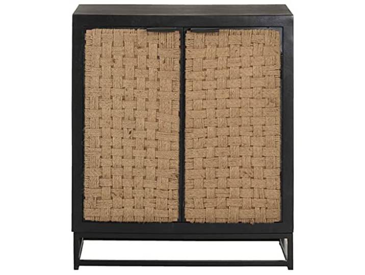 GKMBCVDFR Sideboard 60x35x70 cm Massivholz Mango Industrieller Stil, Eisengestell, Jutetüren, 2 Türen Stauraum, Wohnzimmer