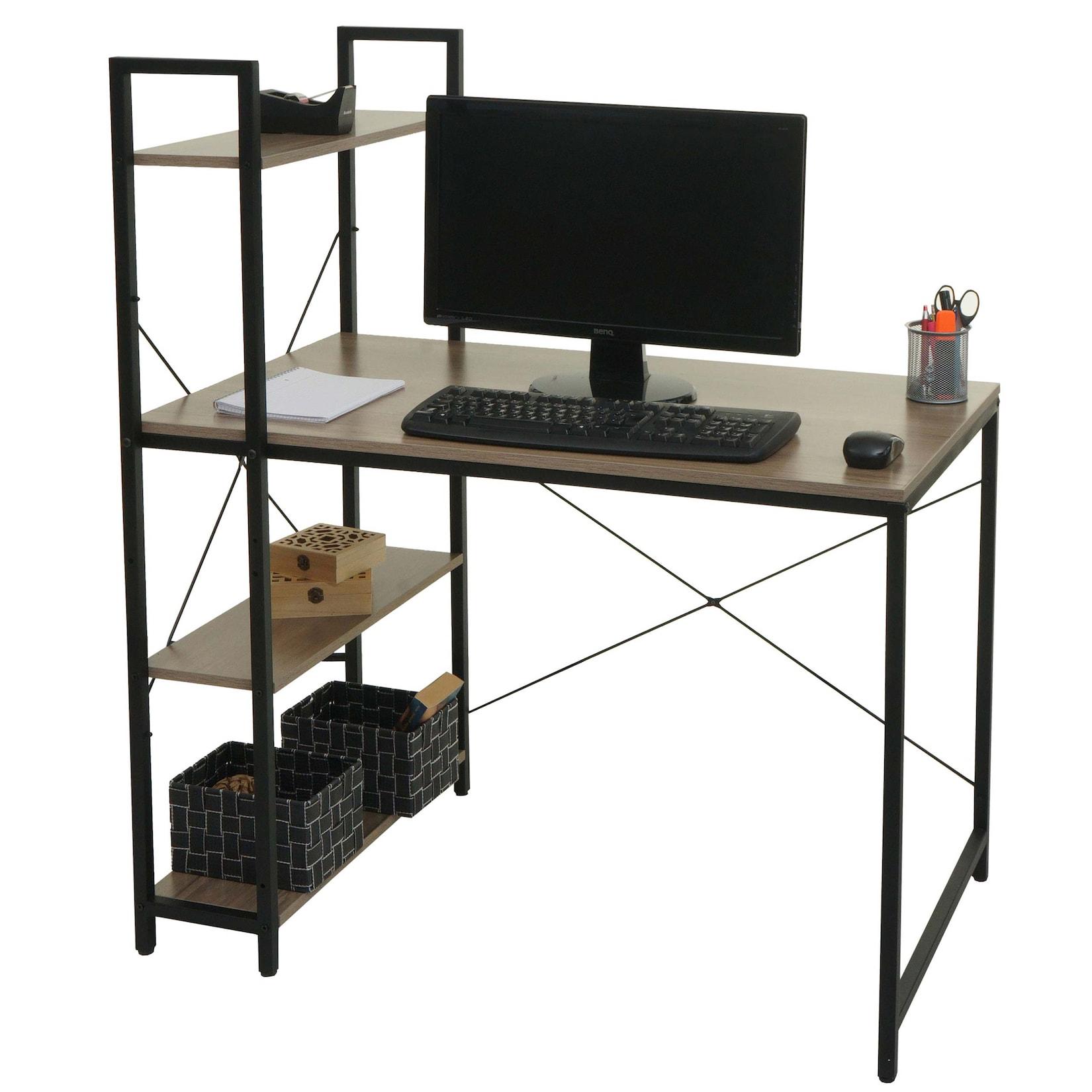 Schreibtisch mit Regal MCW-K81, Laptoptisch Bürotisch Arbeitstisch, 100x60cm Metall MDF ~ grau-braun