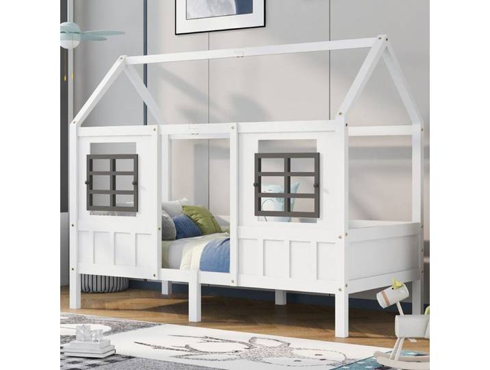 Lit Cabane Enfant - 90x200cm - Pin Massif FSC - 2 Fenêtres Grises - Sécurité Renforcée - Blanc