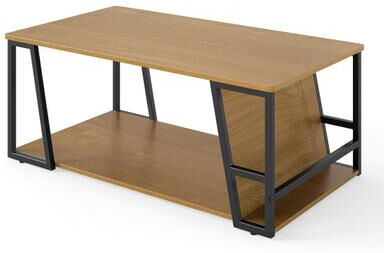 Costway Rectangle Coffee Table 2-tier Industrial Accent Table with Storage Shelf and Compartment-Natural