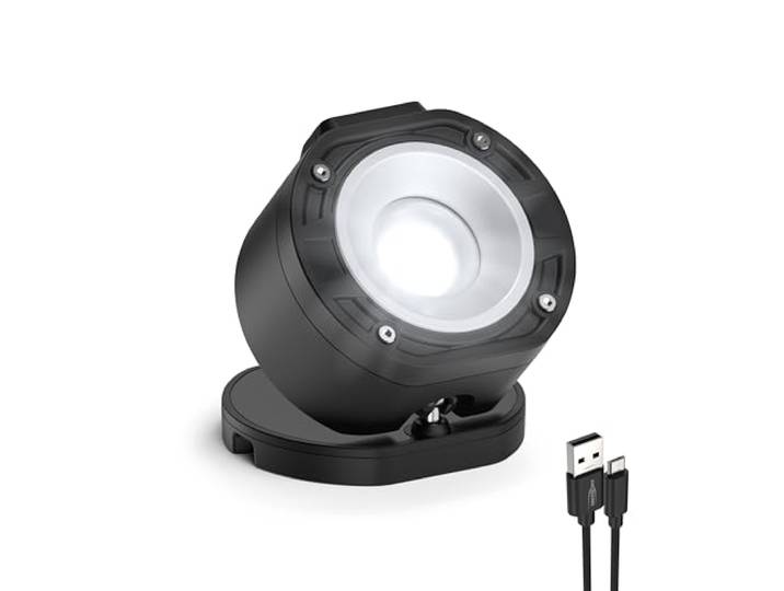 ANSMANN Projecteur chantier FL1100R – Projecteur LED COB 10W rechargeable et pivotant – Lampe de travail d'une puissance de 1 100 lumens & 2 696 lux pour une distance d'éclairage de 52 m max.