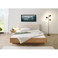 Bett mit Nachttisch links Eiche 180x200x85 natur geölt, Kopfteil beige FICHTELBERG #151