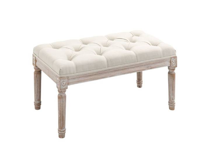 Banc Banquette classique capitonné 80cm bout de lit Rembourrée en lin - bois d'hévéa sculpté patiné - beige