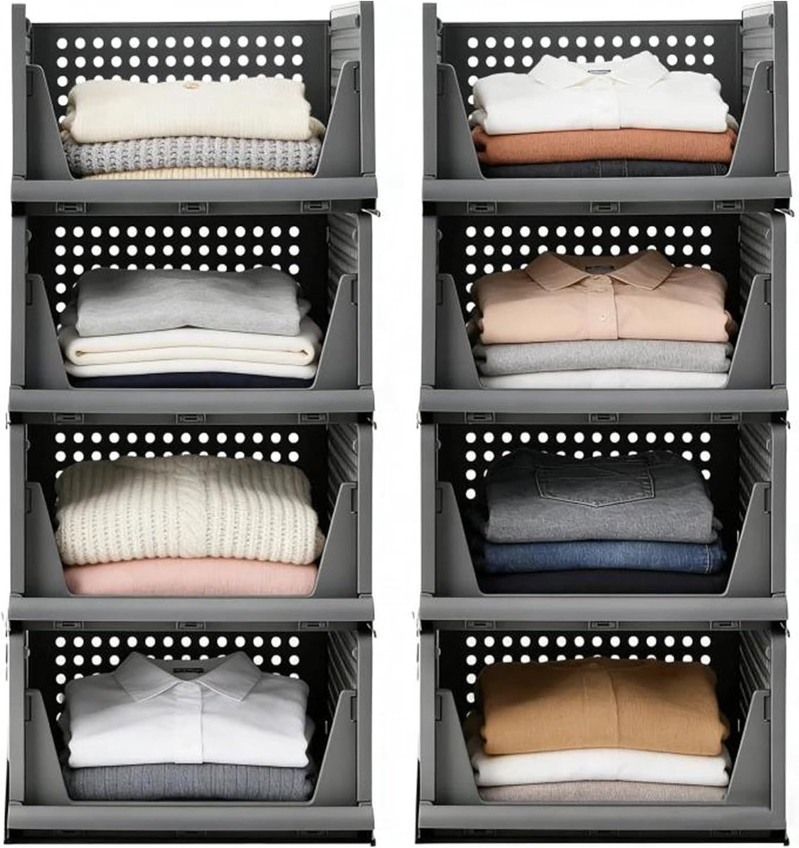 8-delige stapelbare en opvouwbare opbergdozen voor kleding van grijs kunststof