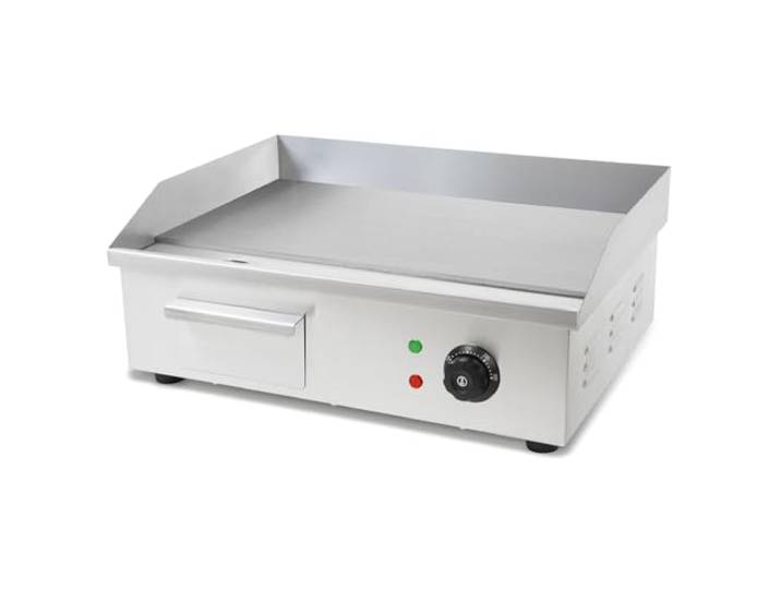 VERTES Plancha Professionnelle 3000W en Acier Inox (Surface de Gril Lisse 55x35cm\, Thermostat\, Température 50-300°C\, Protection Contre les Éclaboussures et la Chaleur\, Bac de Récupération)