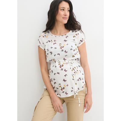 Umstandsbluse BONPRIX, Damen, Gr. 36, bunt (wollweiß), Web, Obermaterial: 100% Viskose, bedruckt, figurumspielend hüftbedeckend, Rundhals, Blusen, figurumspielende Passform, mit kurzem Arm, mit Bindeband