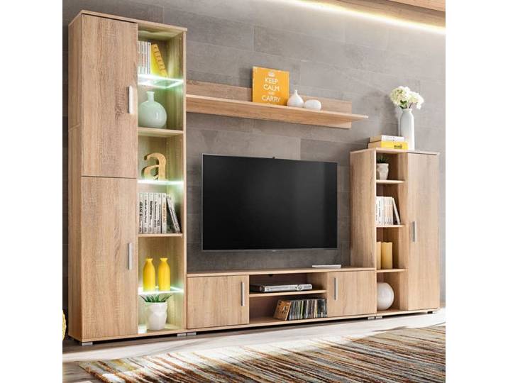 Unité Murale TV avec Lumières LED Armoire de Télévision avec Étagère Meuble Télé de Salon Intérieur Moderne Chêne 246029
