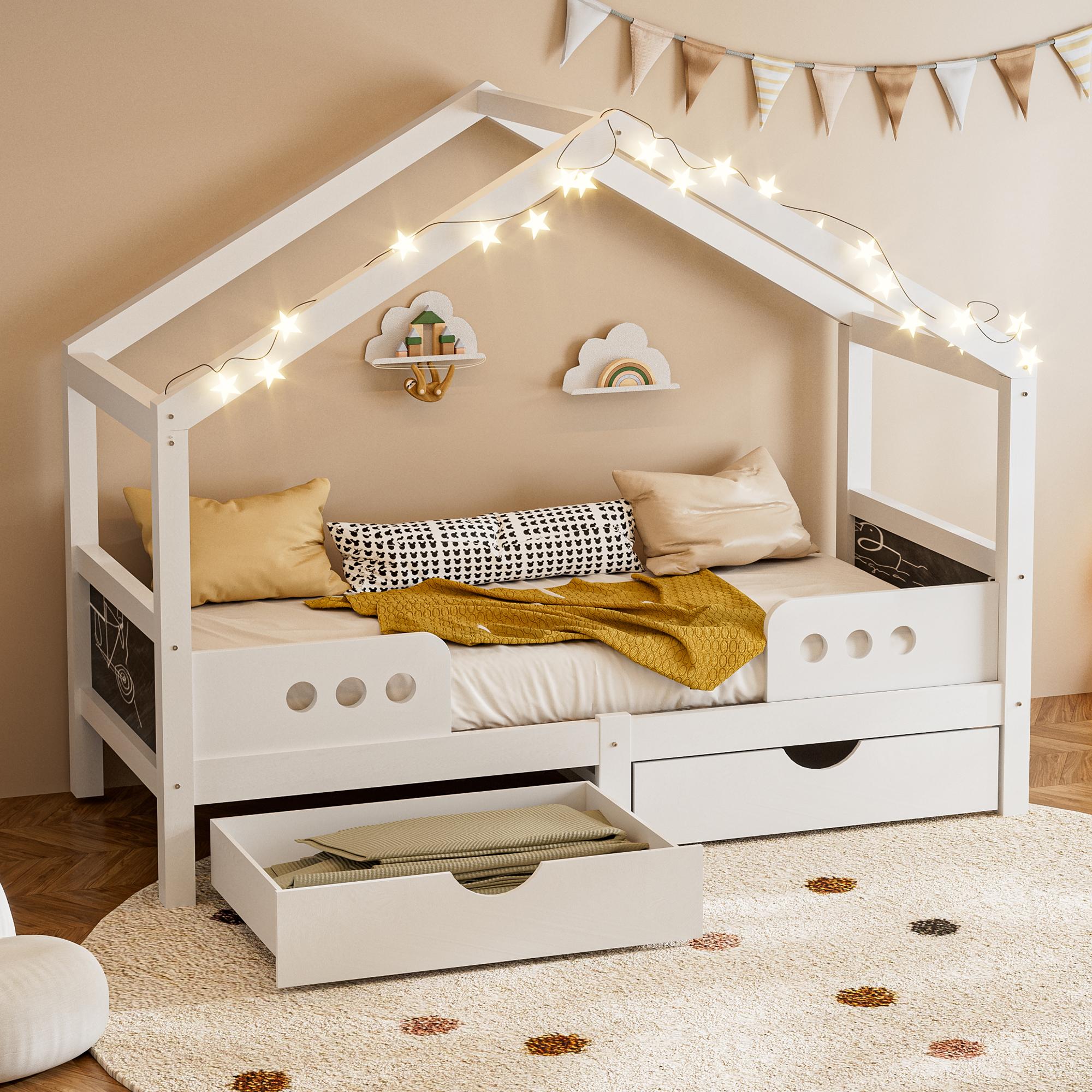 MODFU Jugendbett mit matratze 90×200cm Kinderbett Jugendbett mit 2 großen Schubladen,Einzelbett Bettgestell mit Dachdesign,Weiß