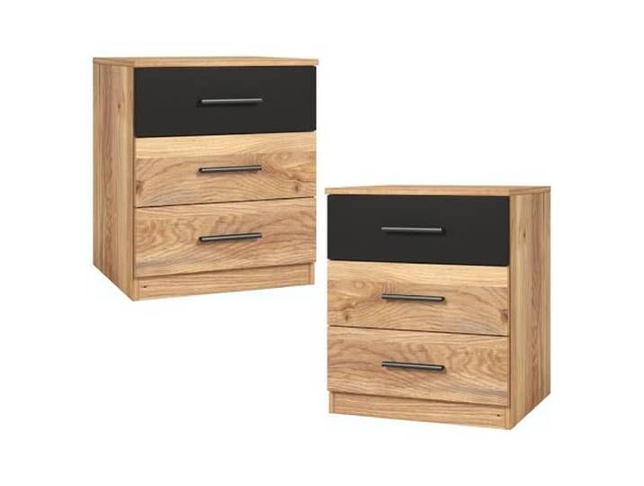 Lomadox Schlafzimmer Nachtschrank Nachttisch 2er Set mit je 46 cm Breite in Eiche mit schwarz, mit 3 Schubladen