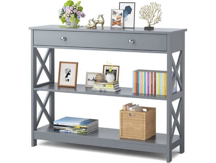 Table Console - RELAX4LIFE - Console Meuble d'Entrée - Tiroir Long- 2 Étagères Ouvertes de Rangement - Charge 100KG - Gris