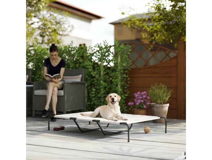 PawHut Lit Surélevé Extérieur Chien Grandes Races 152x94x23cm Beige