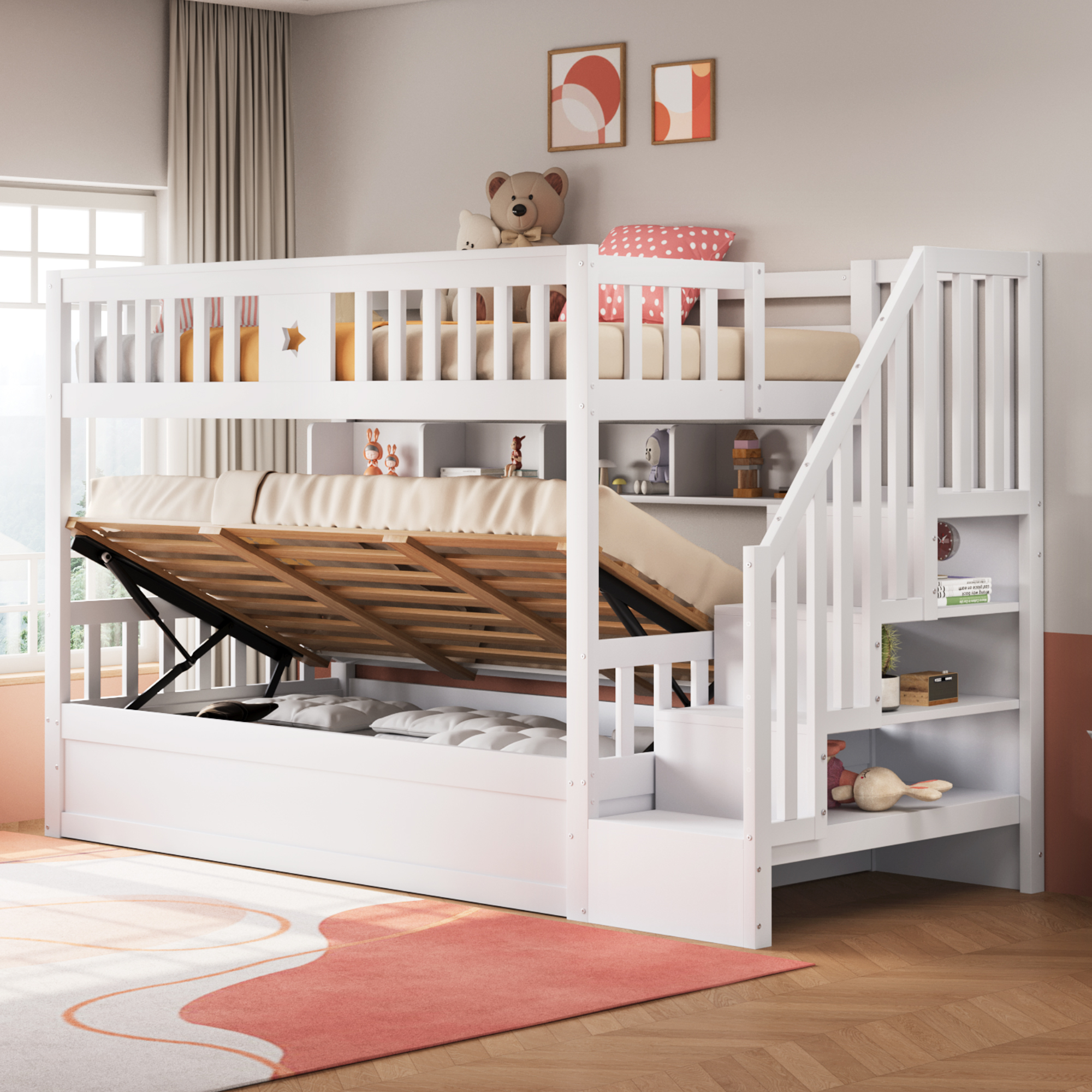 STILVORA Etagenbett 90×200cm mit Rausfallschutz und Bettkasten,Jugendbett mit Stauraumtreppe und Regale,Kinderbett Hochbett ohne matratze,Weiß