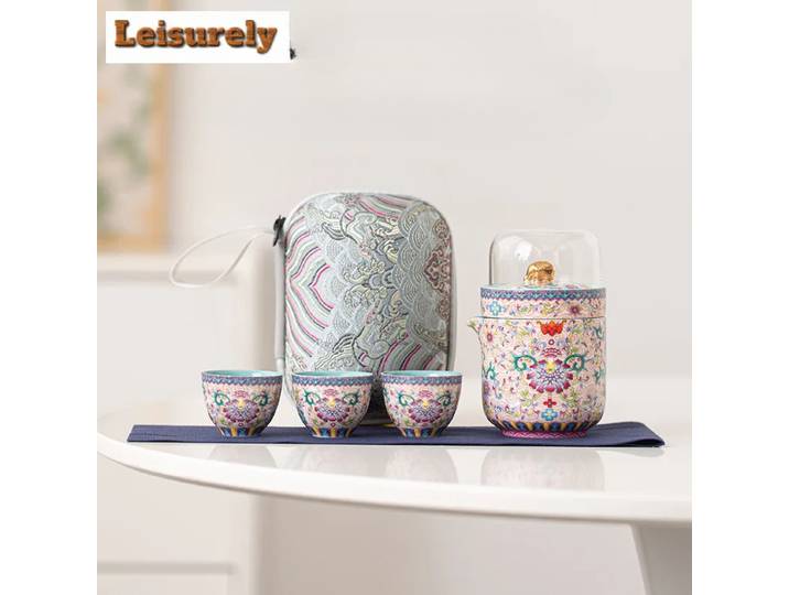 Kit de service à thé de voyage couleur émail chinois, ensemble de tasses de luxe, 1 Pot, 3 tasses, service à thé de séparation, sacs de Stock portables artisanaux