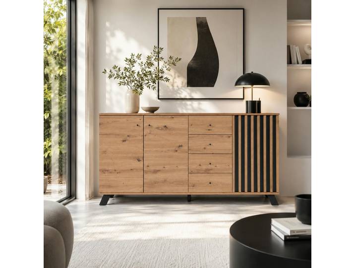Buffet Long Moderne 1 Porte Noire Rainurée 160 Cm Alva