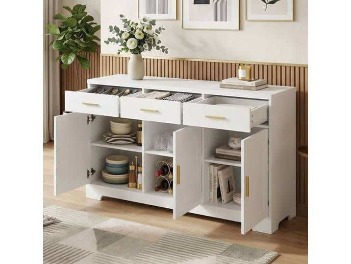 Buffet 140x40x83cm - 4 Portes Arc de Cercle - 3 Tiroirs avec Poignées Dorées - Étagères Réglables - Meuble MDF Blanc