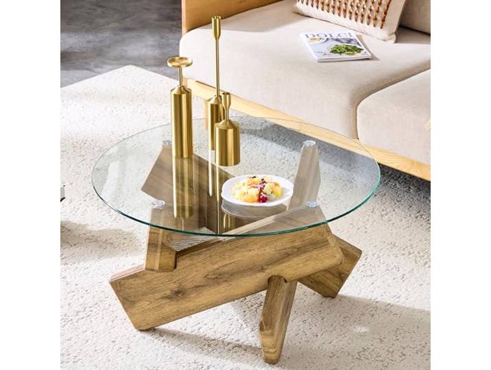 Bellemave Couchtisch Rund 79 cm, MDF+Glas, Kreuzfuß, Holz Runder Wohnzimmertisch, pflegeleichte Glasplatte, schnell montiert, ideal als Sofatisch, modern & platzsparend