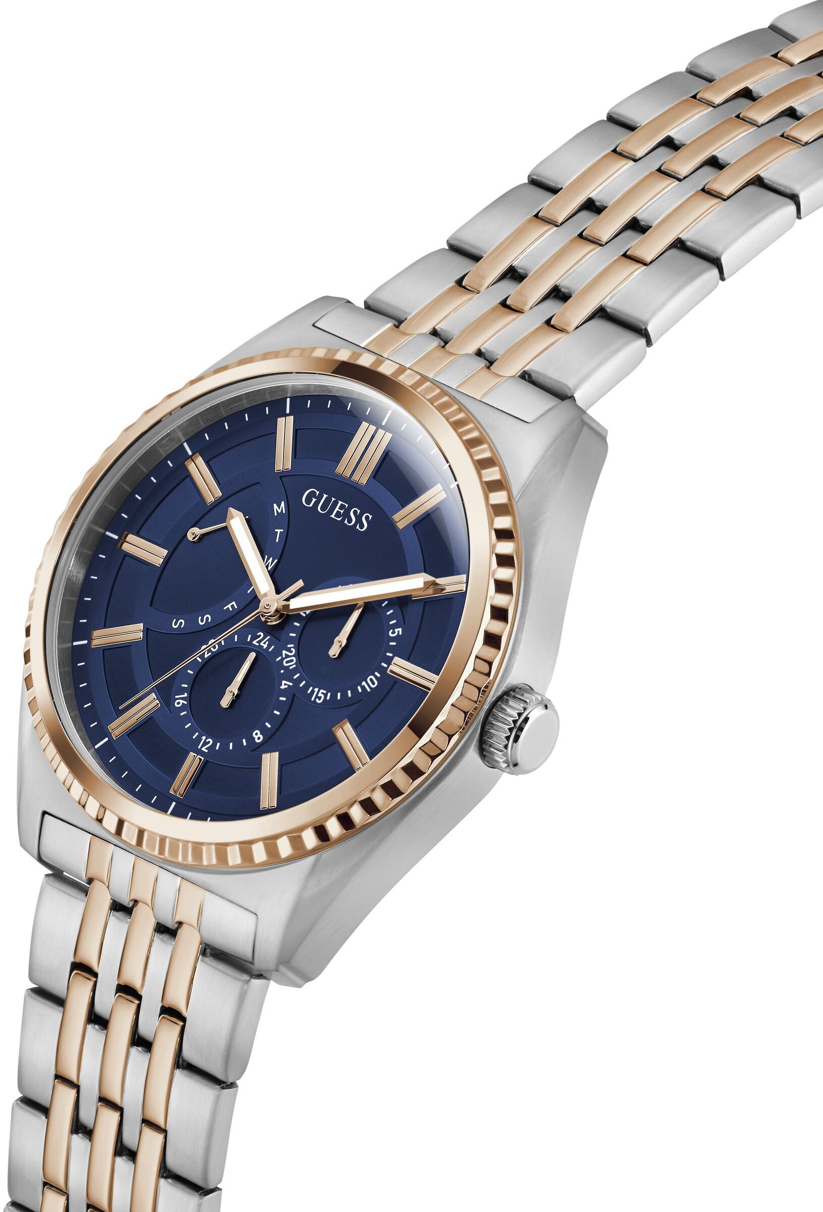 Multifunktionsuhr GUESS "CAMDEN", rosa (silbergoldfarben, blau, blau), Armbanduhren, Herren, rosenholzfarben, Multifunktionsuhr, Quarzuhr, Armbanduhr, Herrenuhr, Edelstahlarmband, analog, Wochentag
