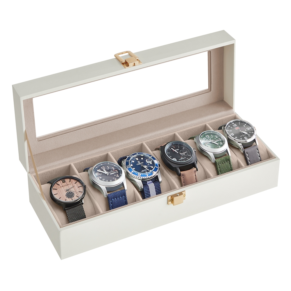 SONGMICS Uhrenbox mit 6 Fächern Metallverschluss Geschenkidee wolkenweiß JWB006W01