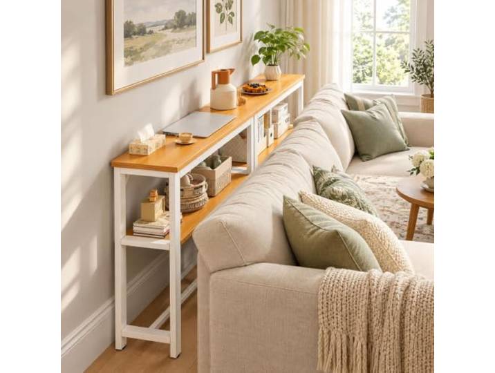 ZEOPLE Konsolentisch hinter Sofa 2 Ebenen Holz und Metall Schmal Hinter Sofa, 2 Ebenen, 200 kg, 20 cm tief, höhenverstellbare Füße, Holz Metall(White+Walnut,39.4x7.9x39.4in)