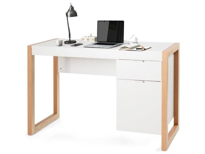 COSTWAY Bureau Informatique 112×50×75cm Bureau Multifonction avec Tiroir et Caisson de Rangement Design Moderne Blanc Aspect Bois