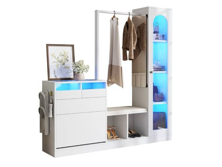 Meuble de rangement entrée 6 en 1 blanc avec LED 163x50x161 cm penderie banc miroir